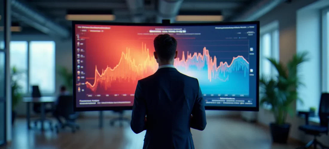 Analyste consultant devant un écran affichant une map heat colorée superposée à une interface web, dans un bureau parisien moderne