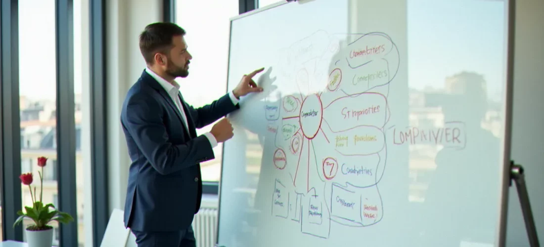 Consultant en stratégie réalisant un mapping concurrentiel sur un tableau blanc dans un bureau moderne à Paris avec vue sur les toits