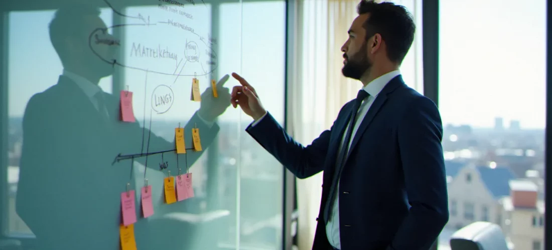 Un consultant en marketing alternatif analysant une stratégie de contenu sur un tableau blanc dans un bureau parisien lumineux avec vue sur la ville