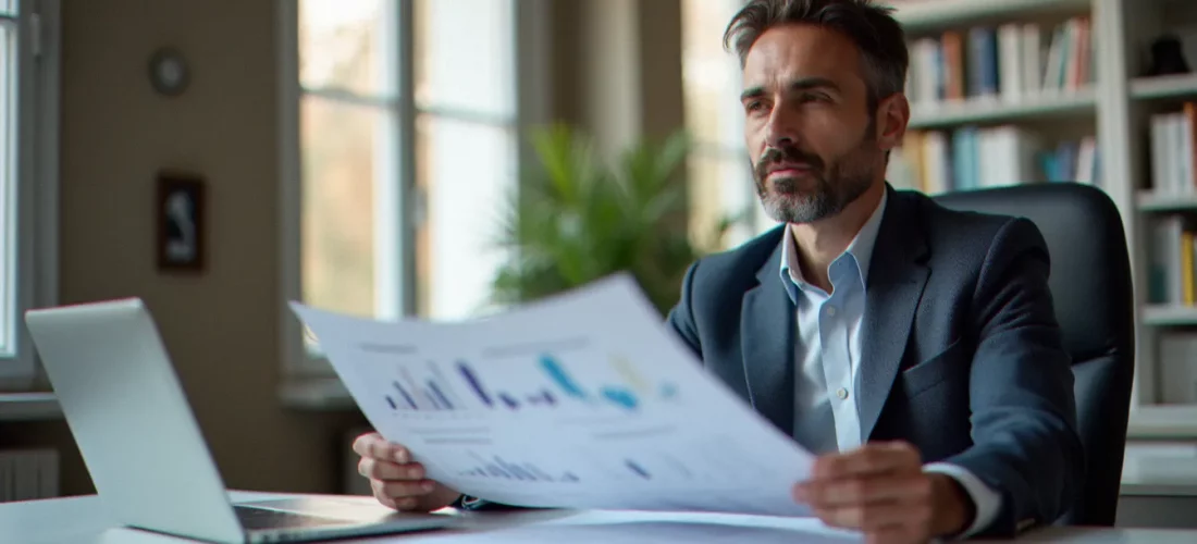 Consultant en marketing and content analysant une stratégie éditoriale B2B sur un bureau moderne dans un bureau parisien lumineux