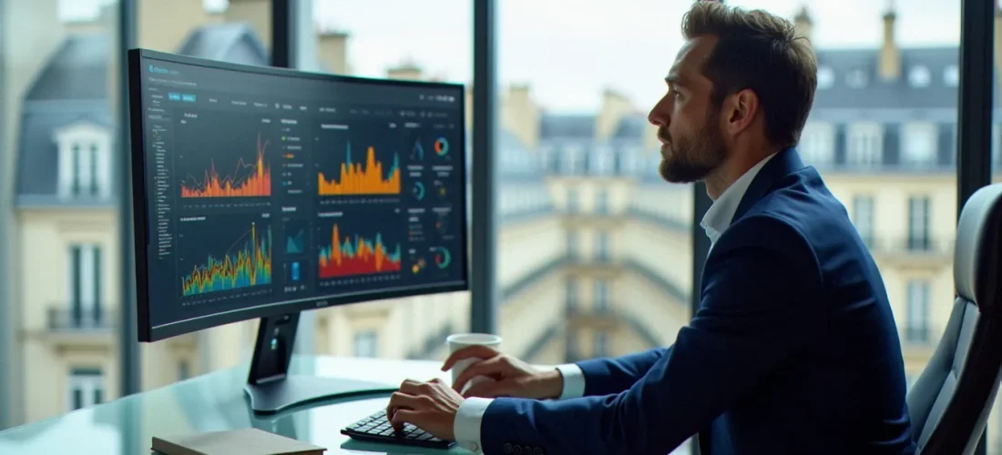 Consultant en marketing digital analysant des tableaux de bord de performance dans un bureau moderne parisien avec vue sur les toits haussmanniens