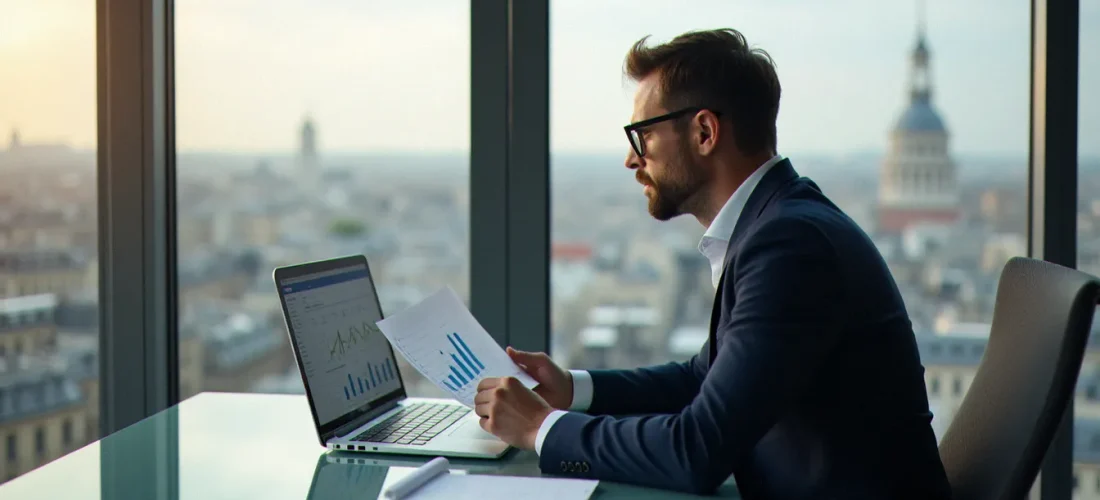 Un consultant marketing analysant une stratégie dans un bureau parisien moderne avec des tableaux de bord analytiques sur son ordinateur