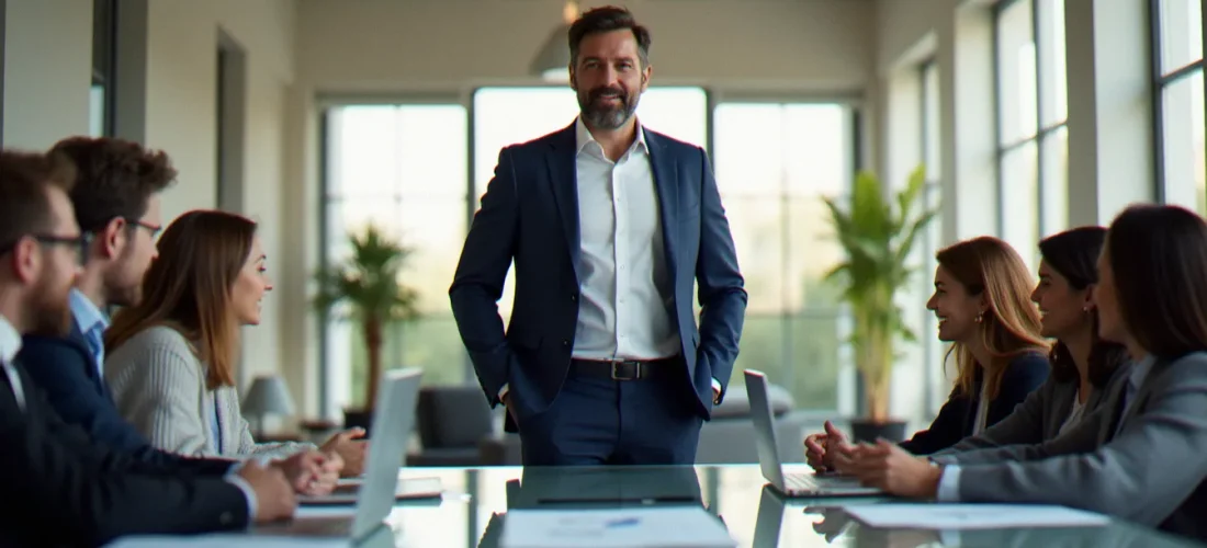 Consultant professionnel présentant une stratégie de marketing network marketing à son équipe dans un bureau moderne et lumineux à Paris
