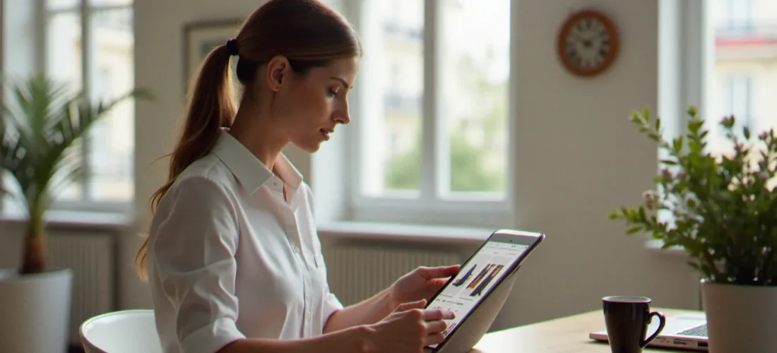 Une professionnelle consultant des annonces sur la marketplace Facebook depuis sa tablette dans un bureau moderne et lumineux