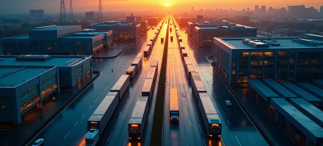 Vue aérienne d'un hub logistique moderne au coucher de soleil illustrant le fonctionnement d'une marketplace numérique et ses flux commerciaux interconnectés
