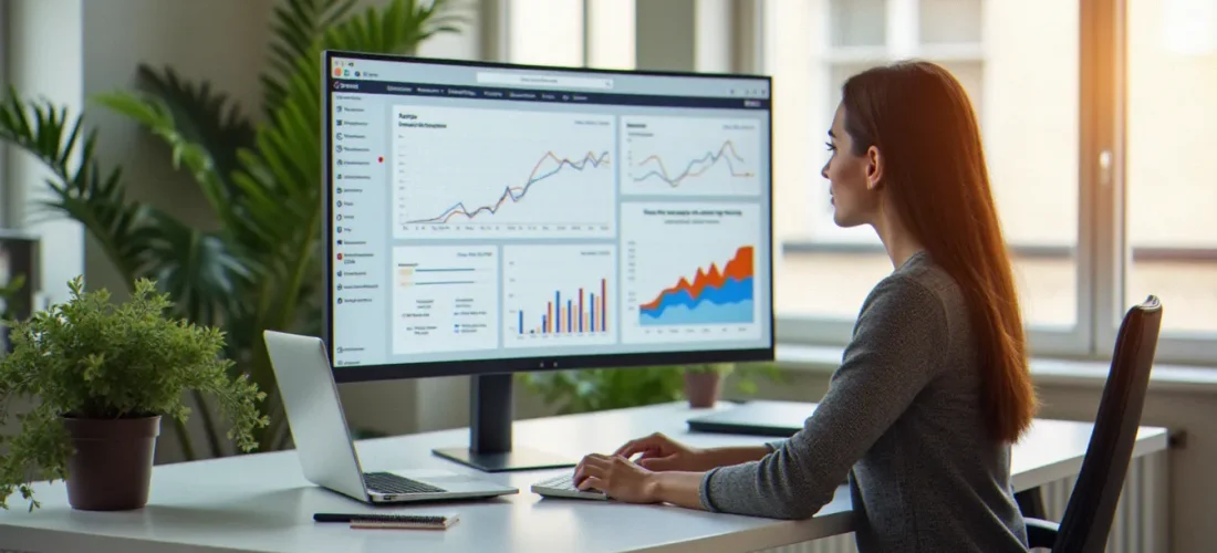 Femme entrepreneur gérant sa stratégie sur Meta Business Suite depuis un bureau moderne et lumineux à Paris