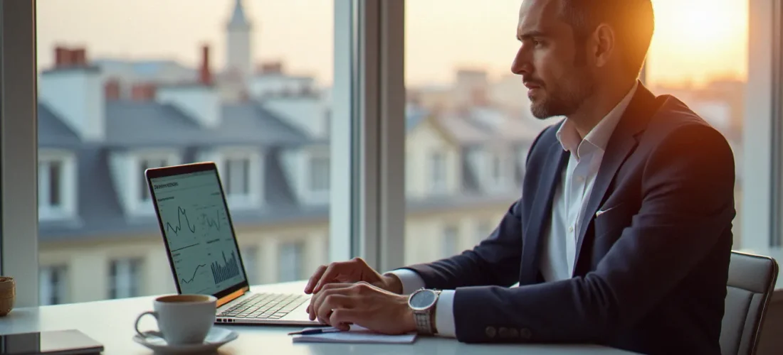 Consultant B2B analysant les performances d'une newsletter sur un ordinateur portable dans un bureau parisien lumineux avec vue sur les toits
