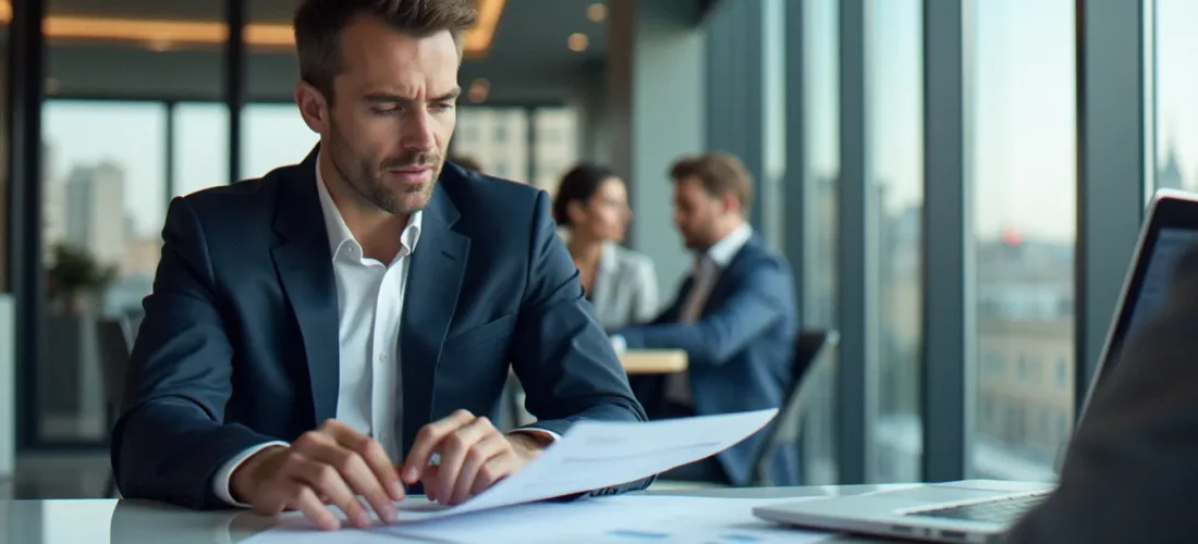 Consultant analysant une stratégie de prix corporate dans un bureau moderne à Paris, documents tarifaires étalés sur une table de réunion en verre