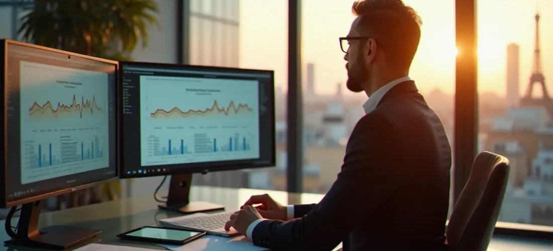 Consultant en stratégie analysant les performances d'une campagne de publicité digitale sur écrans dans un bureau parisien lumineux