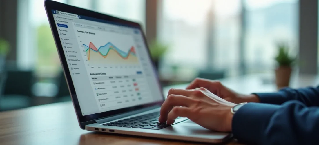 Un professionnel analysant les performances d'un réducteur de lien sur un tableau de bord analytics moderne dans un bureau lumineux