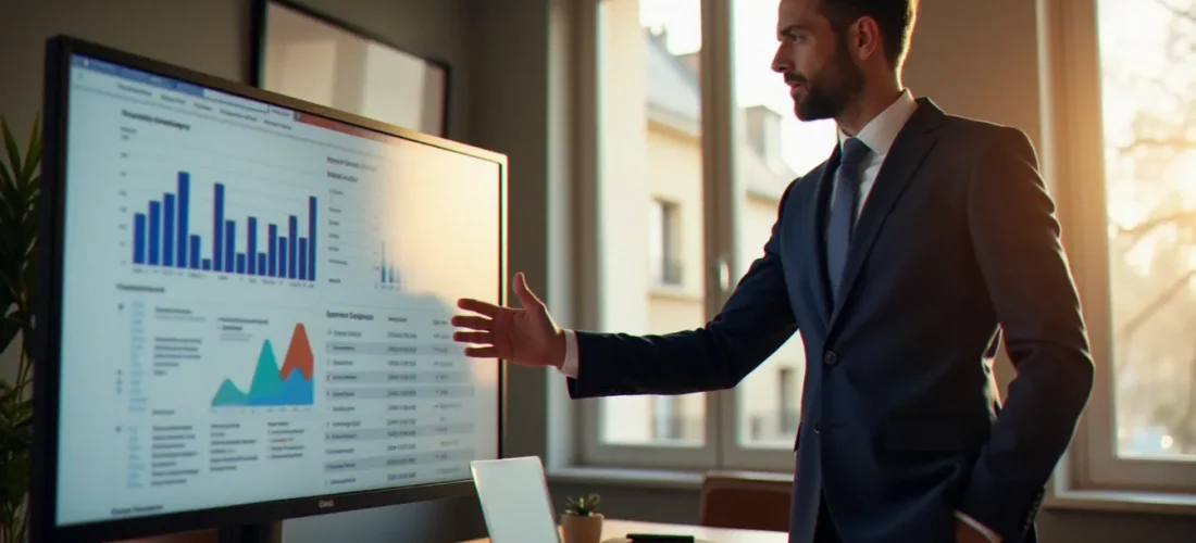 Consultant B2B présentant une stratégie de réseaux sociaux sur tableau de bord analytique dans un bureau parisien moderne et lumineux