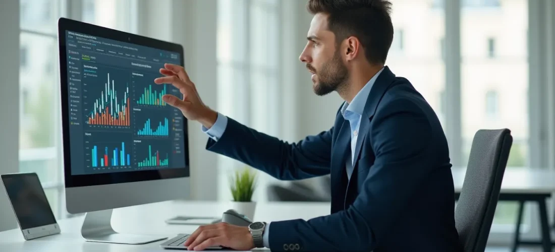 Consultant B2B analysant des tableaux de bord Semrush sur un écran dans un bureau moderne parisien, illustrant l'utilisation stratégique de l'outil SEO