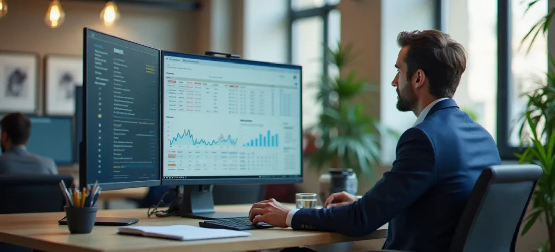 Consultant SEO analysant des données de positionnement sur un écran dans un bureau parisien moderne