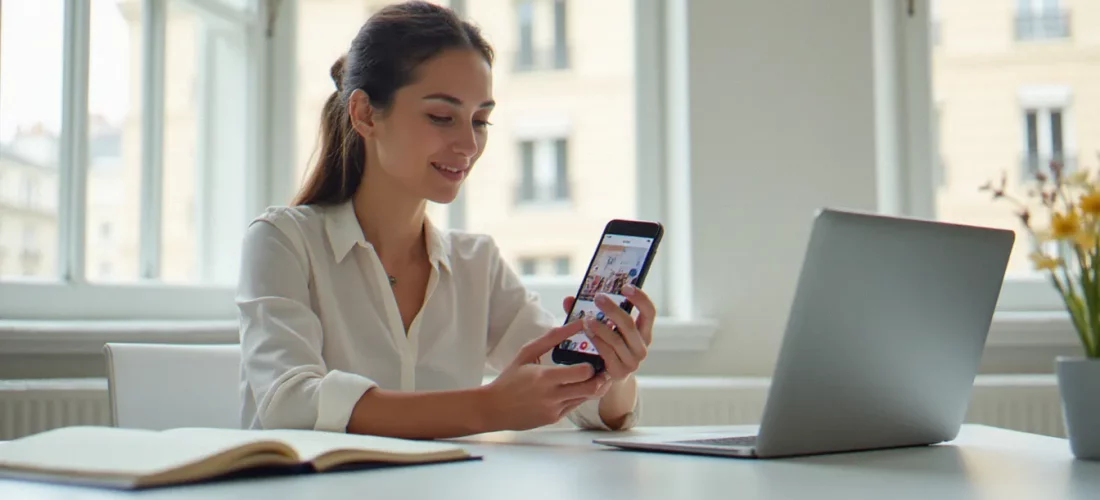 Une professionnelle parisienne consultant des stories instagram sur son smartphone dans un bureau moderne et lumineux, illustrant l'usage stratégique des stories instagram pour les entreprises