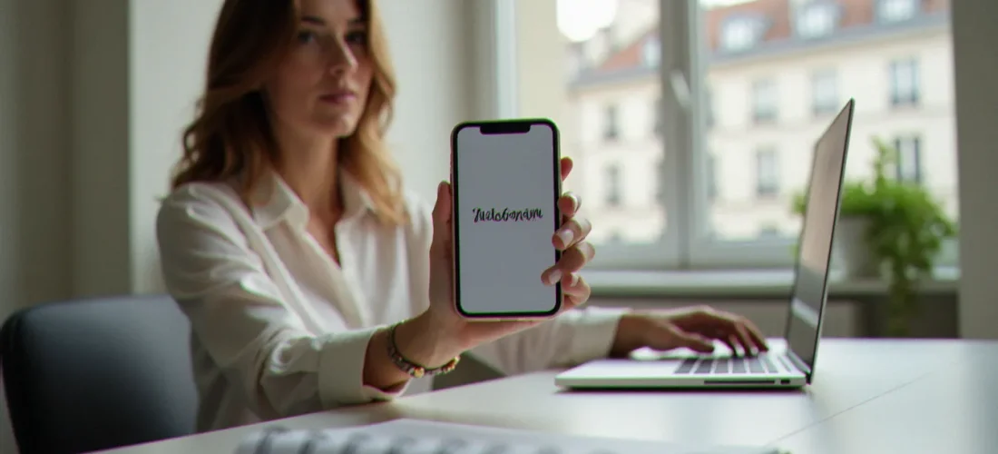 Professionnelle B2B consultant une story insta sur son smartphone dans un bureau parisien moderne et lumineux
