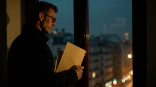 Détective dans un appartement parisien sombre la nuit, incarnant l'atmosphère du thriller (film) français