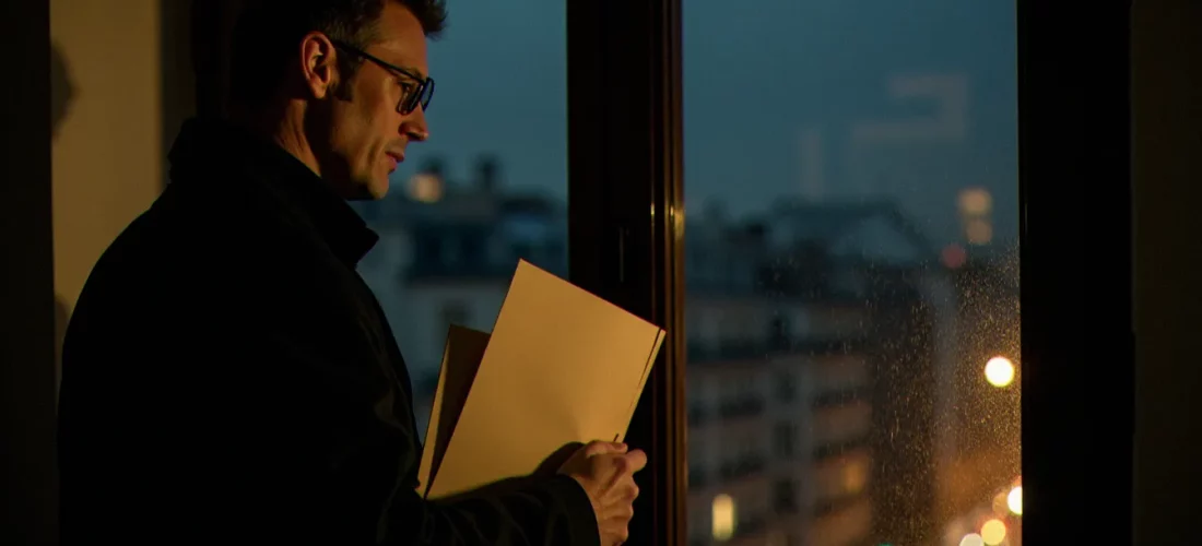 Détective dans un appartement parisien sombre la nuit, incarnant l'atmosphère du thriller (film) français