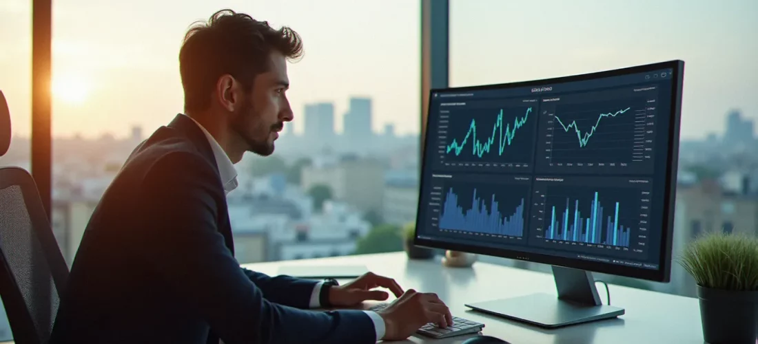 Consultant en stratégie digitale analysant les performances d'un site wix wixsite sur un écran d'ordinateur dans un bureau parisien moderne avec vue sur la ville