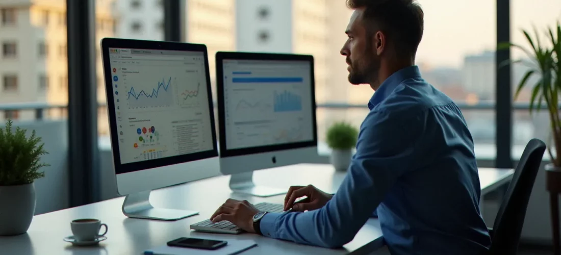Consultant analysant des données de positionnement Yahoo Yahoo Search sur des tableaux de bord numériques dans un bureau parisien lumineux
