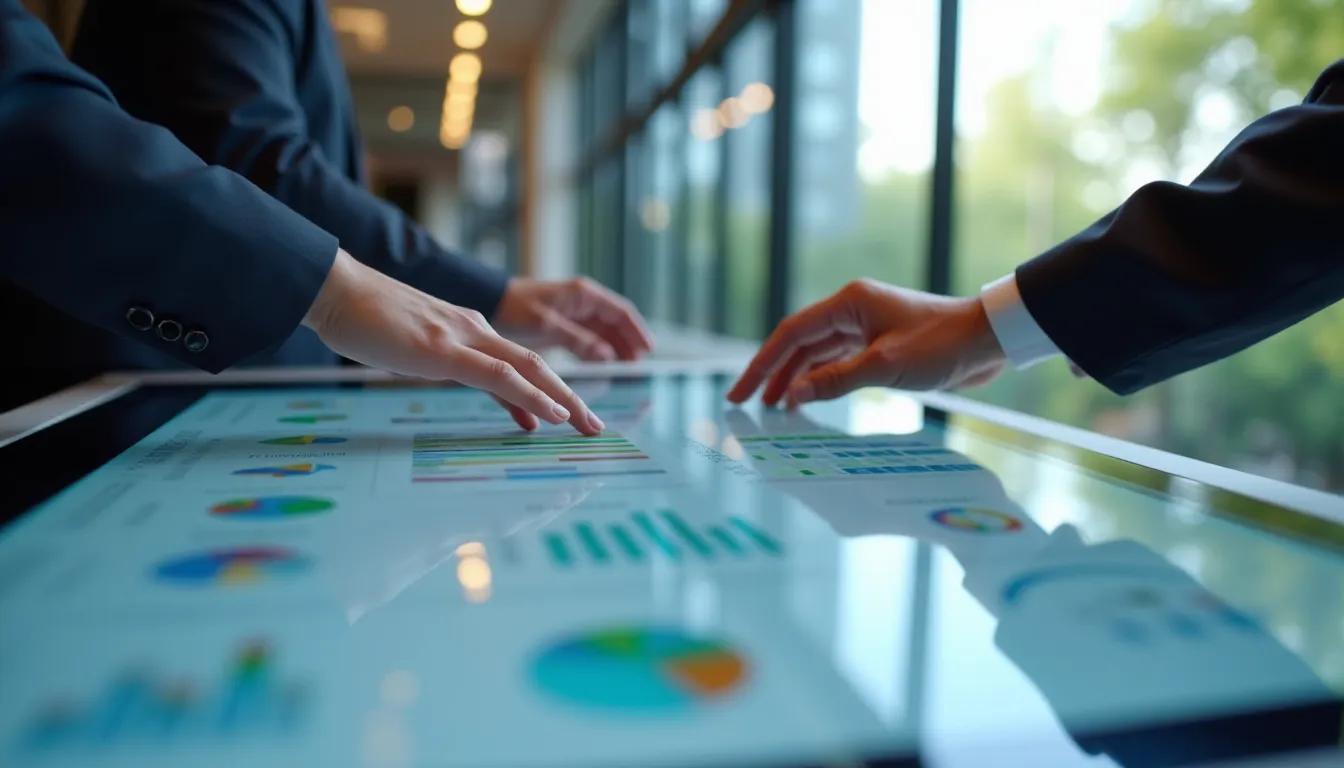 Deux professionnels consultant un tableau de bord multi-vendeurs sur un écran tactile, illustrant la gestion opérationnelle d'une marketplace B2B
