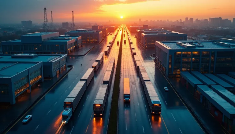 Vue aérienne d'un hub logistique moderne au coucher de soleil illustrant le fonctionnement d'une marketplace numérique et ses flux commerciaux interconnectés