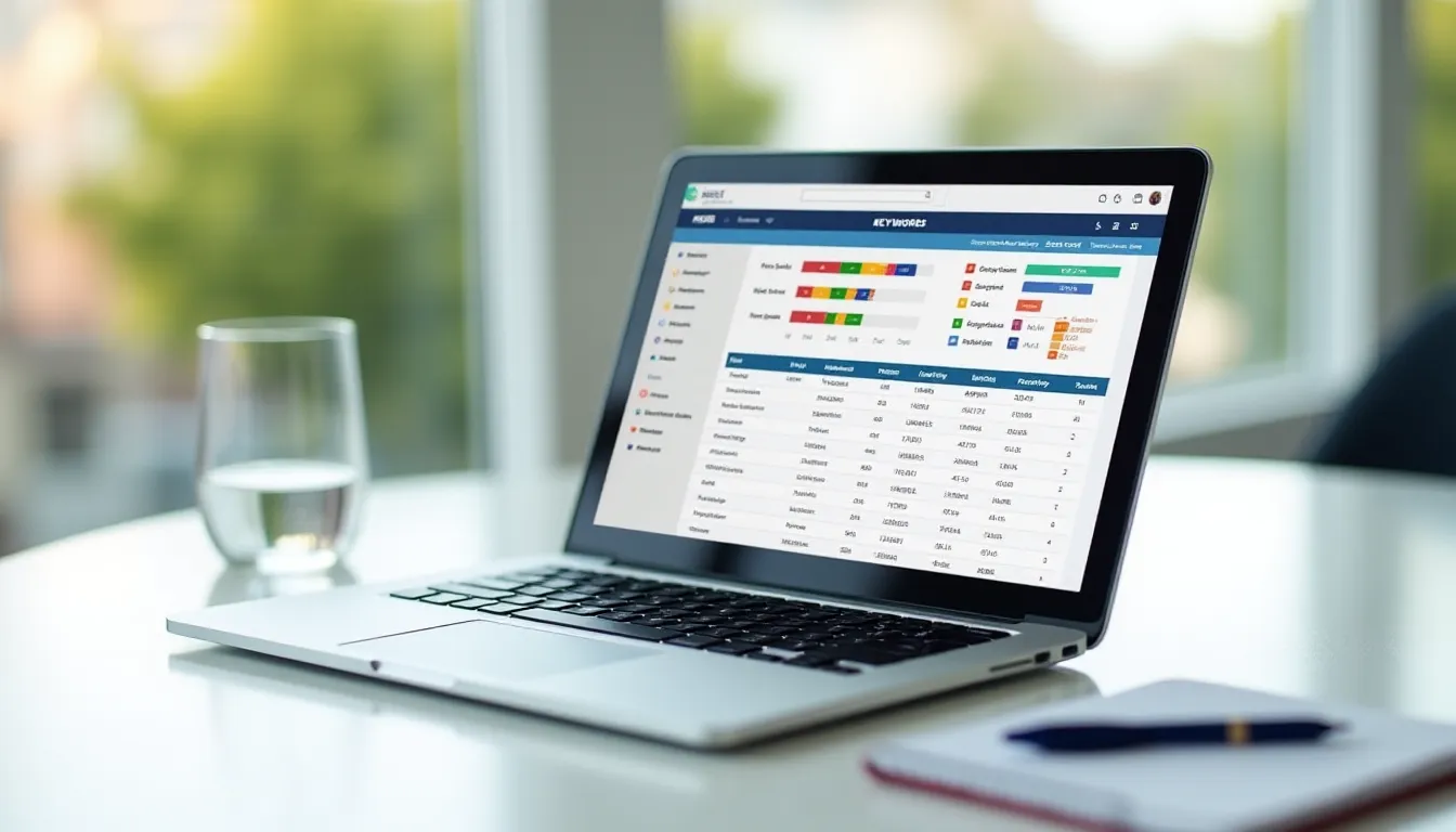 Écran d'ordinateur affichant un tableau de bord d'analyse de mots-clés Semrush avec métriques de volume et de difficulté, posé sur un bureau épuré