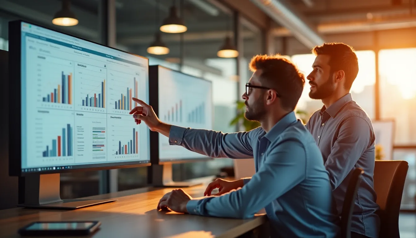 Deux professionnels en train d'analyser des données de veille concurrentielle sur un écran en open space, représentant l'analyse comparative Semrush dans un contexte B2B