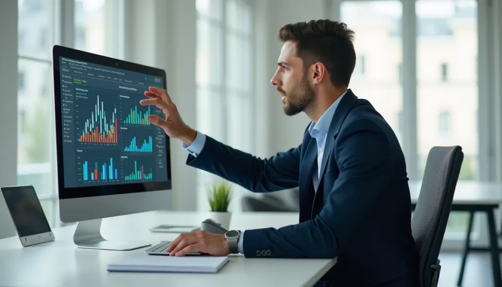 semrush featured Consultant B2B analysant des tableaux de bord Semrush sur un écran dans un bureau moderne parisien, illustrant l'utilisation stratégique de l'outil SEO