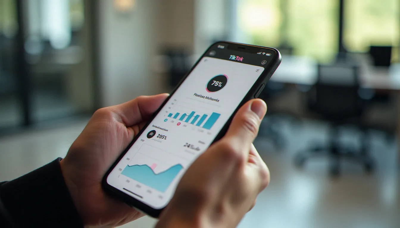 Tableau de bord analytique TikTok affiché sur smartphone montrant les statistiques de croissance des abonnés et le taux d'engagement