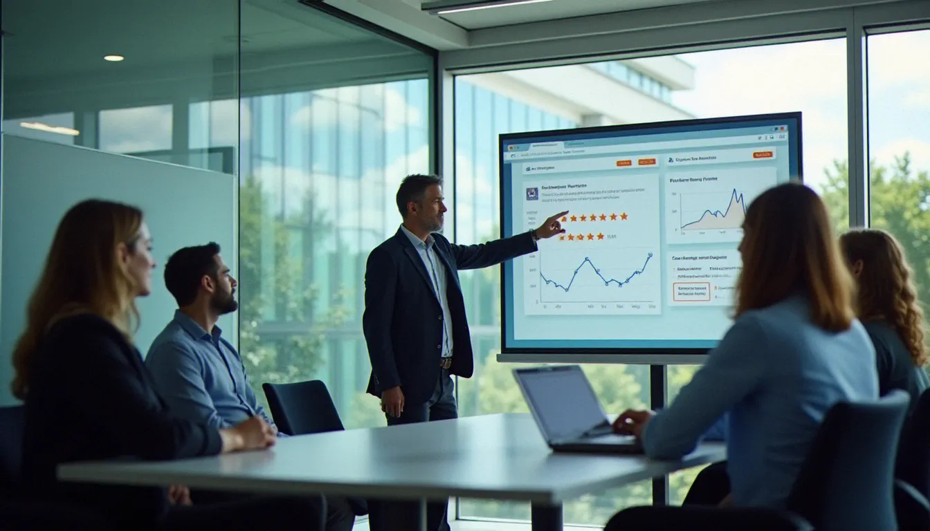 Équipe professionnelle en réunion stratégique autour d'un tableau de bord de gestion des avis en ligne et de réputation numérique