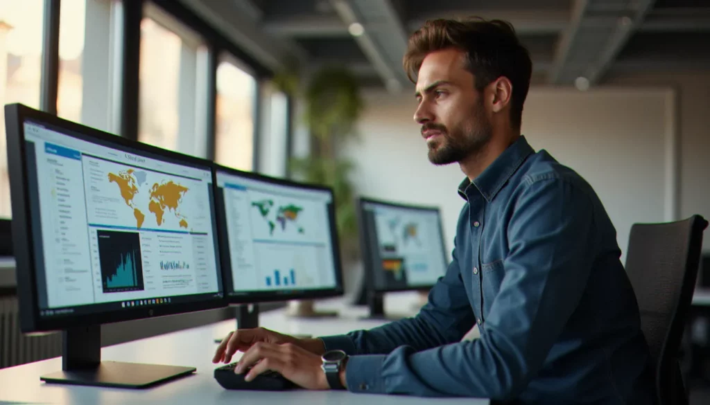 agence e reputation kickngo featured Consultant en e-réputation analysant les données de réputation en ligne d'une agence e réputation kickngo sur des écrans dans un bureau parisien moderne