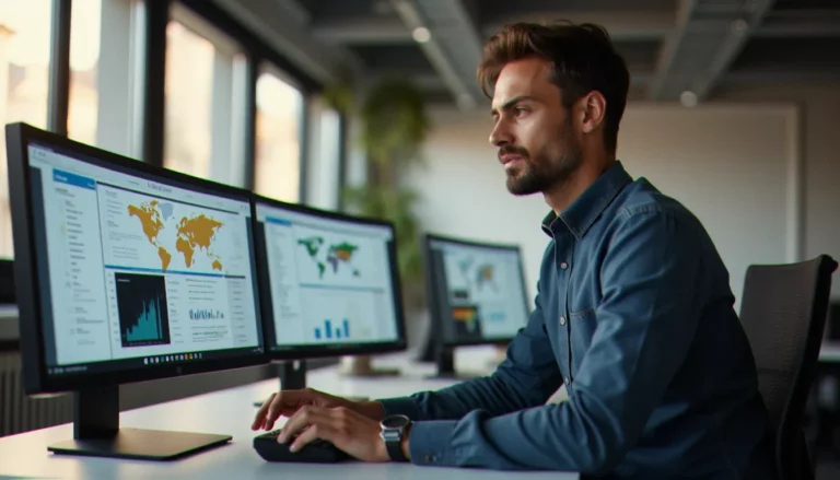 Consultant en e-réputation analysant les données de réputation en ligne d'une agence e réputation kickngo sur des écrans dans un bureau parisien moderne