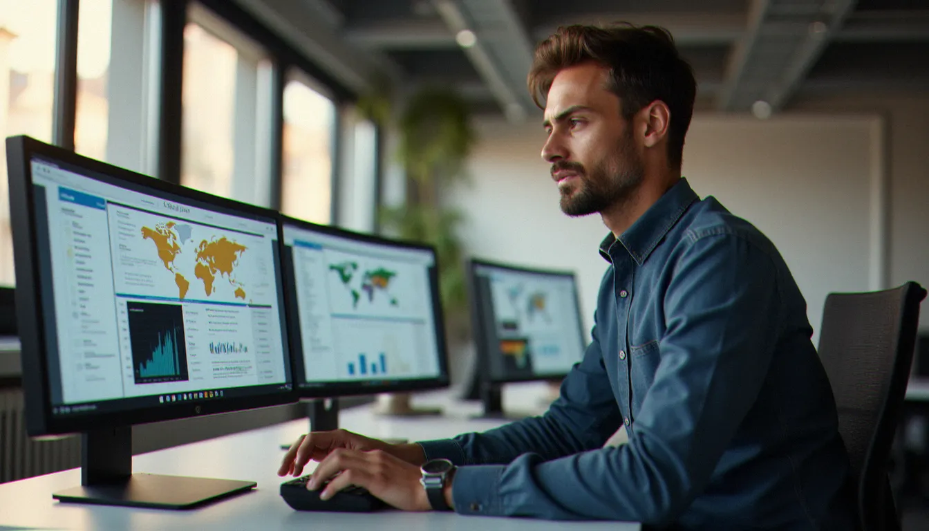 Consultant en e-réputation analysant les données de réputation en ligne d'une agence e réputation kickngo sur des écrans dans un bureau parisien moderne