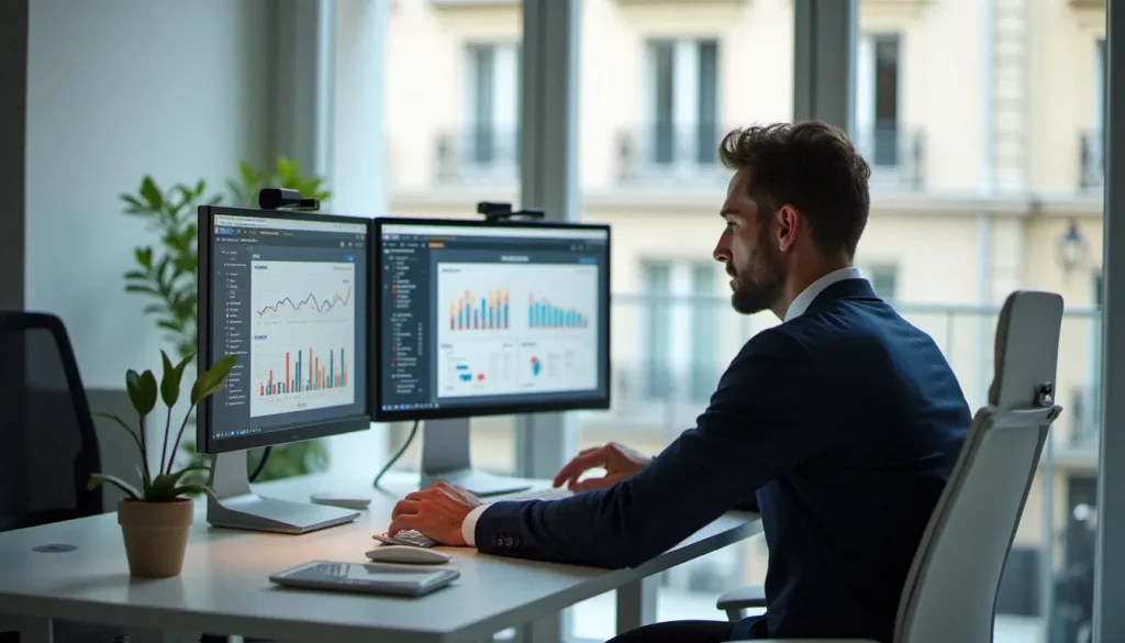 agence seo astrak featured Consultant SEO analysant des tableaux de bord de référencement naturel dans un bureau parisien moderne, illustrant le travail d'une agence SEO Astrak