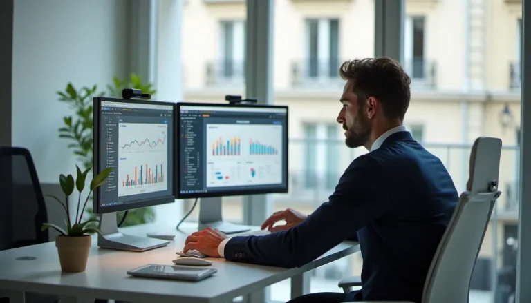 Consultant SEO analysant des tableaux de bord de référencement naturel dans un bureau parisien moderne, illustrant le travail d'une agence SEO Astrak