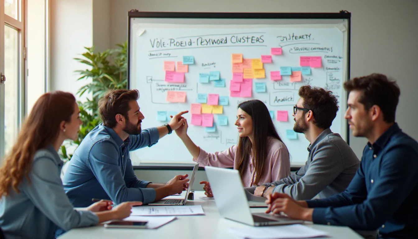 Équipe d'une agence SEO lyonnaise travaillant ensemble sur une stratégie de référencement autour d'un tableau blanc couvert de mots-clés et de parcours utilisateur