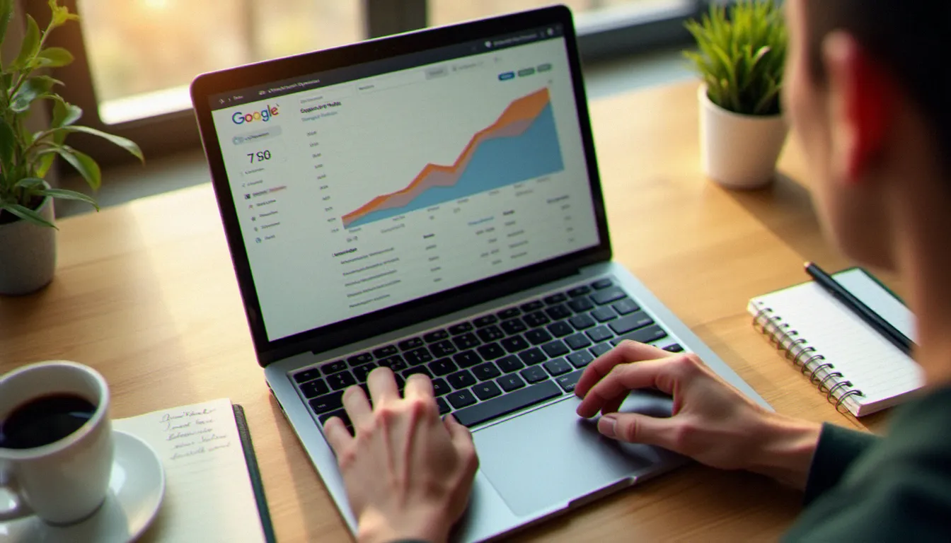 Écran d'ordinateur portable affichant des courbes de trafic organique en hausse sur un tableau de bord analytique, illustrant les résultats mesurables d'une stratégie SEO bien exécutée