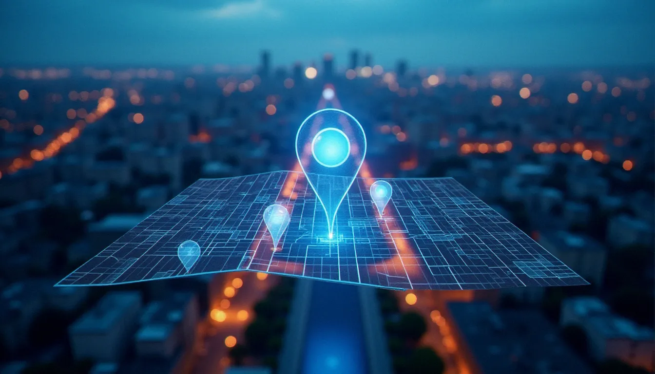 Vue aérienne d'un quartier d'affaires européen avec des épingles de localisation numériques représentant le référencement local et l'impact des avis google sur la visibilité géographique