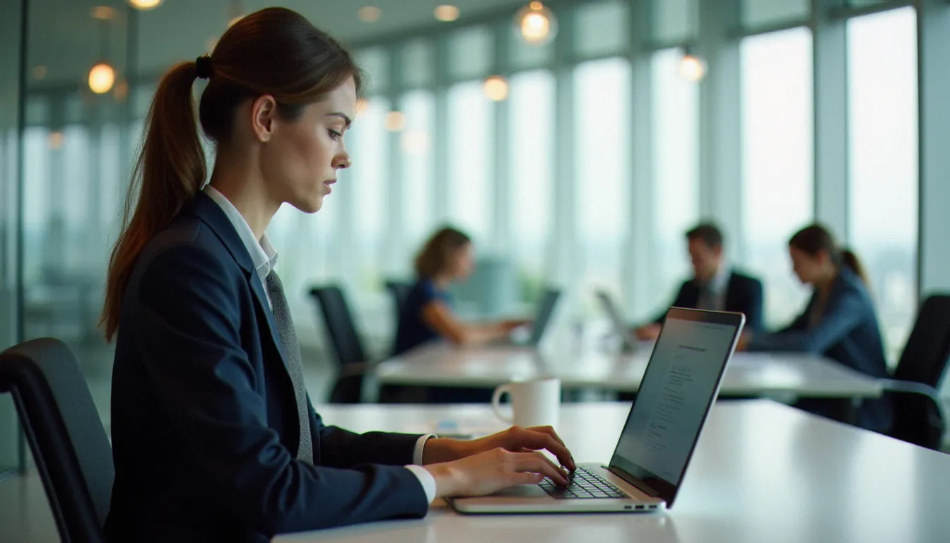 Professionnel en tenue business rédigeant une réponse à des avis clients sur son ordinateur portable dans un bureau moderne baigné de lumière naturelle
