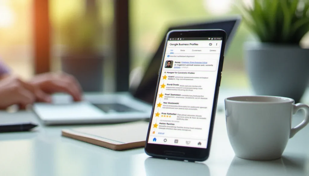 avis google featured Smartphone affichant une fiche Google Business Profile avec des avis google cinq étoiles, posé sur un bureau professionnel moderne avec un ordinateur portable en arrière-plan