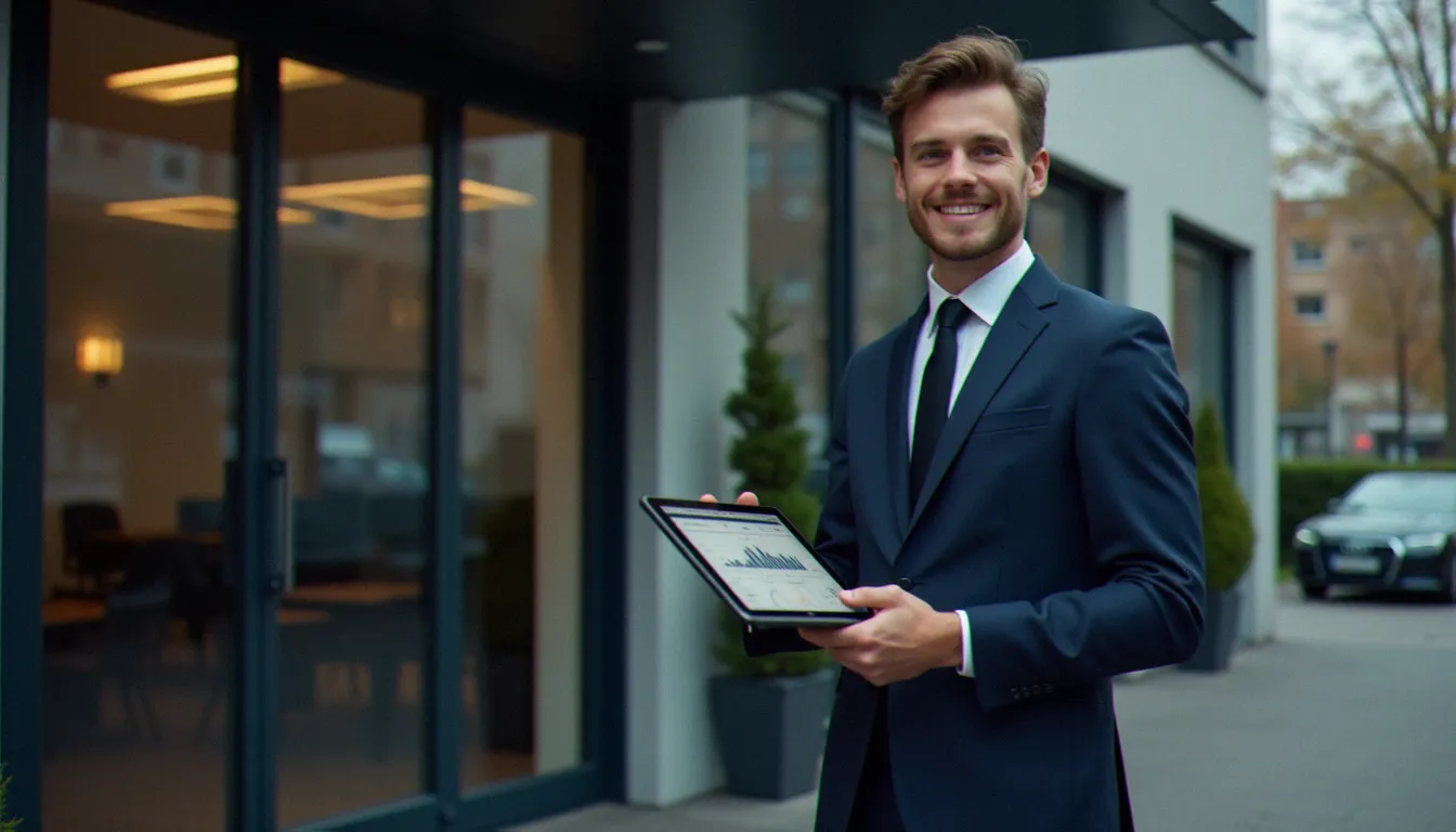 Jeune professionnel devant les locaux d'une PME française spécialisée dans l'export, symbolisant les nouvelles opportunités du marché du travail à dimension internationale en France