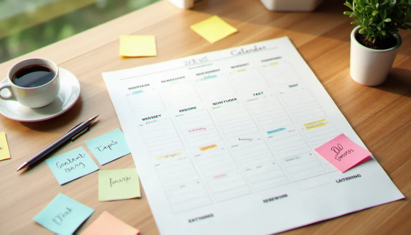 Calendrier éditorial de planification content marketing posé sur un bureau en bois avec des notes de stratégie de contenu colorées