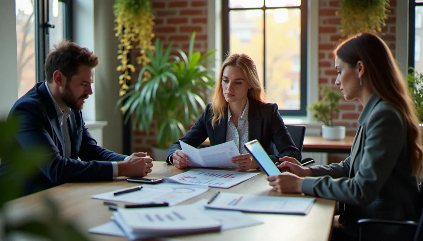 Équipe B2B en réunion de travail analysant les indicateurs de performance de leur stratégie de content marketing sur tablettes et rapports imprimés