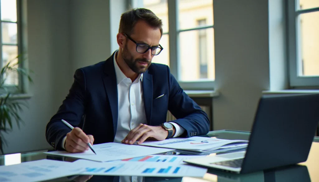 content content marketing featured Consultant B2B en stratégie de content marketing analysant des documents éditoriaux dans un bureau parisien moderne lumineux