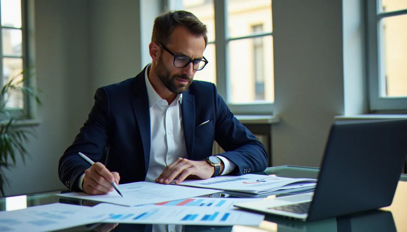 Consultant B2B en stratégie de content marketing analysant des documents éditoriaux dans un bureau parisien moderne lumineux