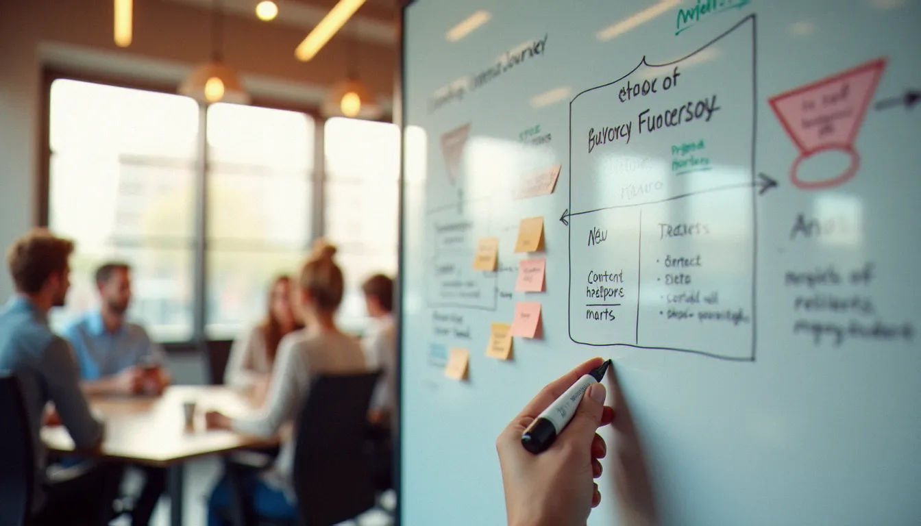 Tableau blanc dans une salle de réunion avec un funnel de contenu marketing détaillé organisé par étapes du parcours acheteur B2B