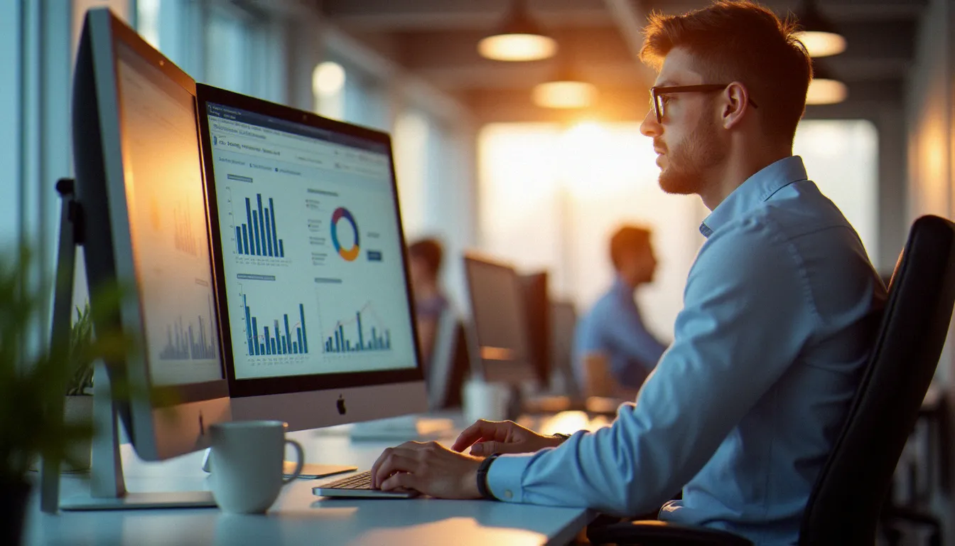 Responsable marketing mesurant le ROI d'une stratégie de content marketing sur deux écrans affichant des graphiques de performance et des indicateurs clés