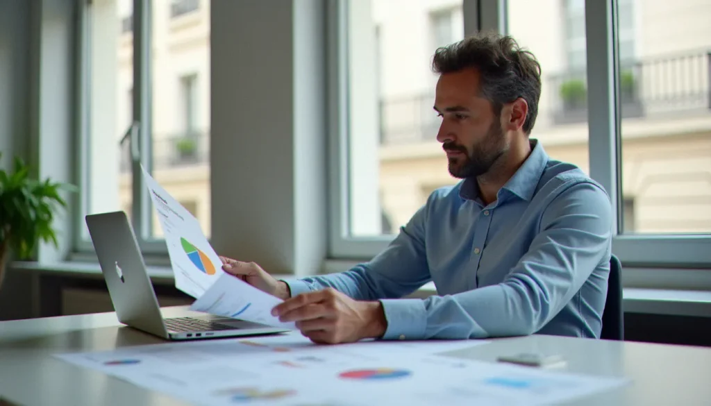 content marketing featured Consultant B2B analysant une stratégie de content marketing dans un bureau parisien moderne avec des documents éditoriaux et un dashboard analytique