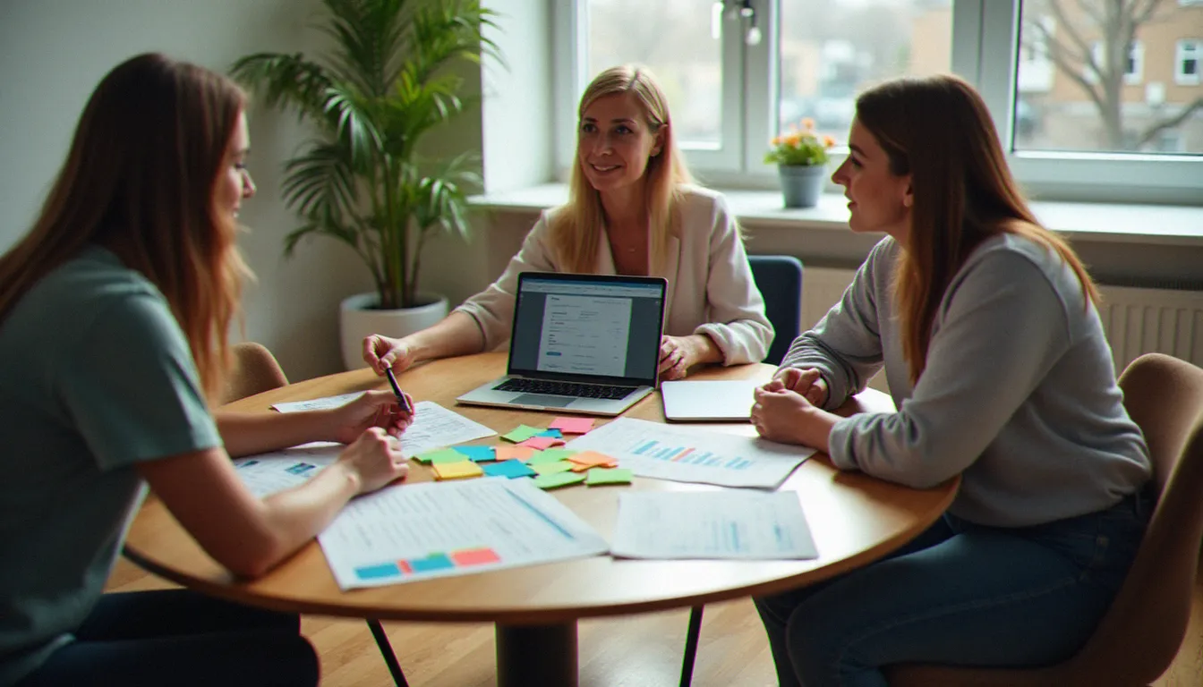 Une équipe marketing de trois personnes collabore autour d'un tableau de stratégie de contenu dans une salle de réunion lumineuse