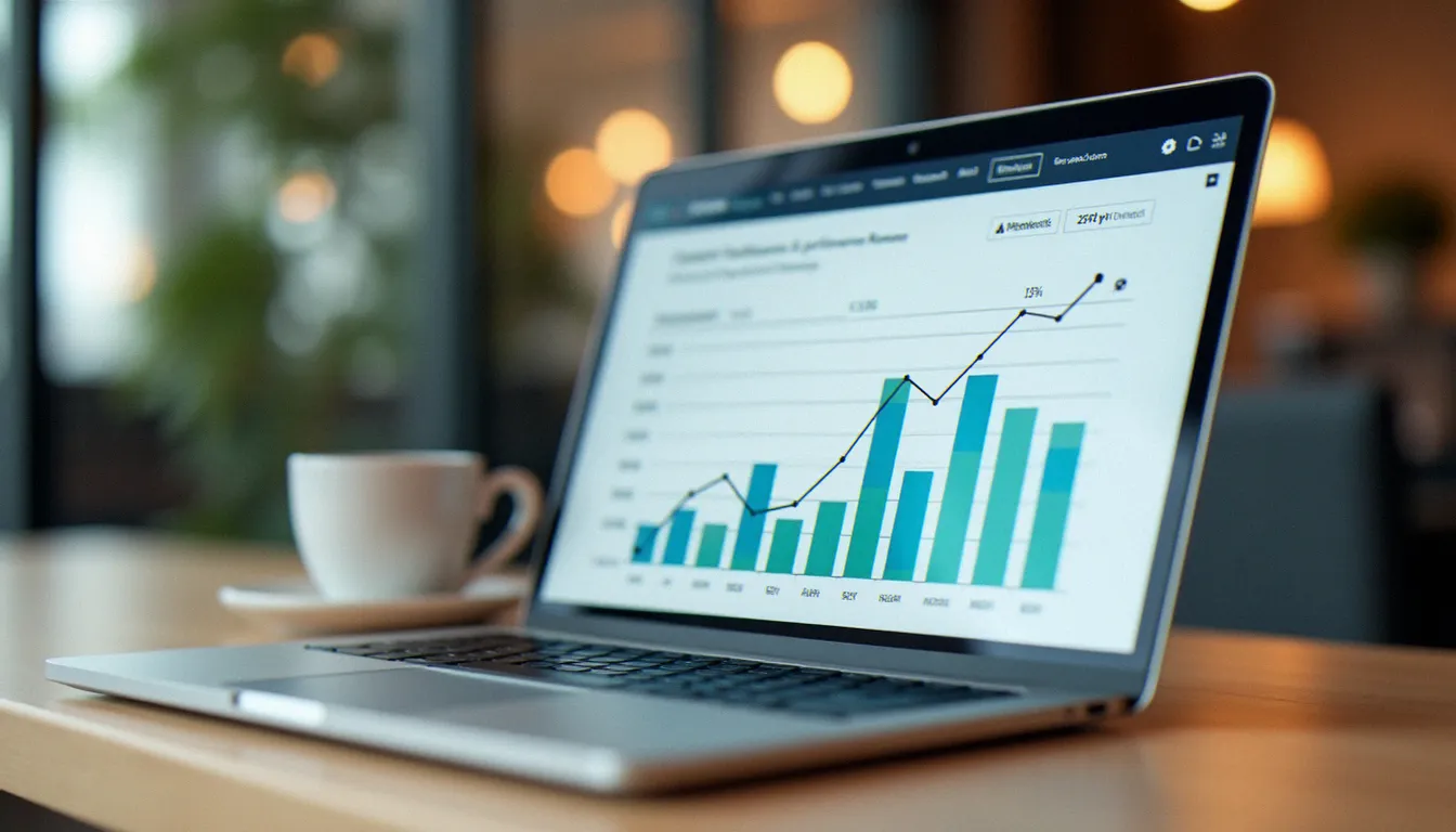 Tableau de bord analytique affichant les métriques de performance et le ROI d'une stratégie de content marketing marketing sur laptop